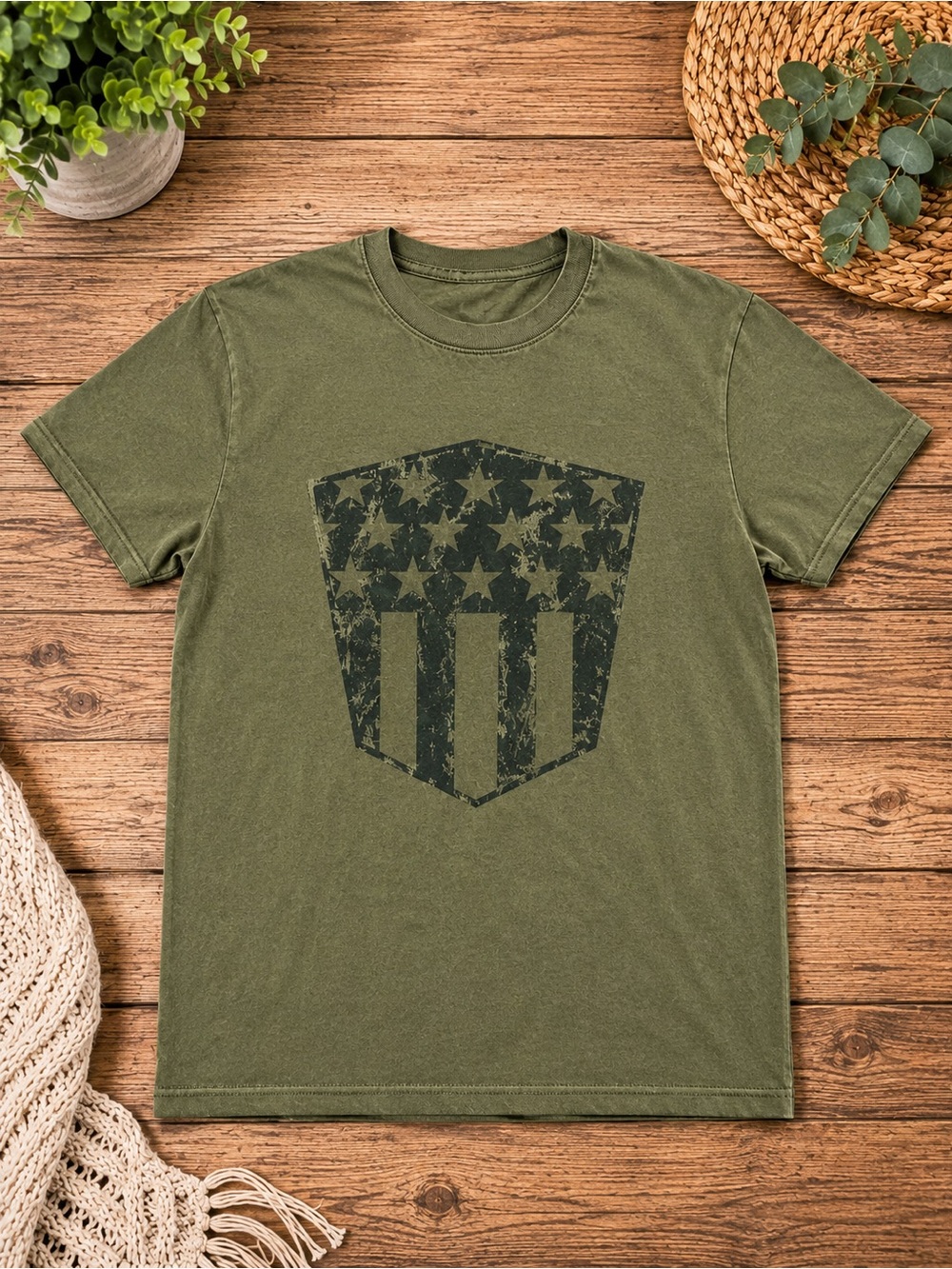 City Streets Olive Green Distressed Shield Graphic Tee 668